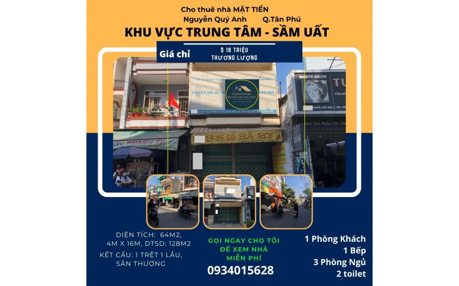 Cho thuê nhà Mặt Tiền Nguyễn Quý Anh 64m2, 1LẦU, 18 triệu